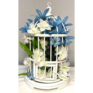 Decorative White Birdcage With Blue & White Artificial Flowers Centerpiece